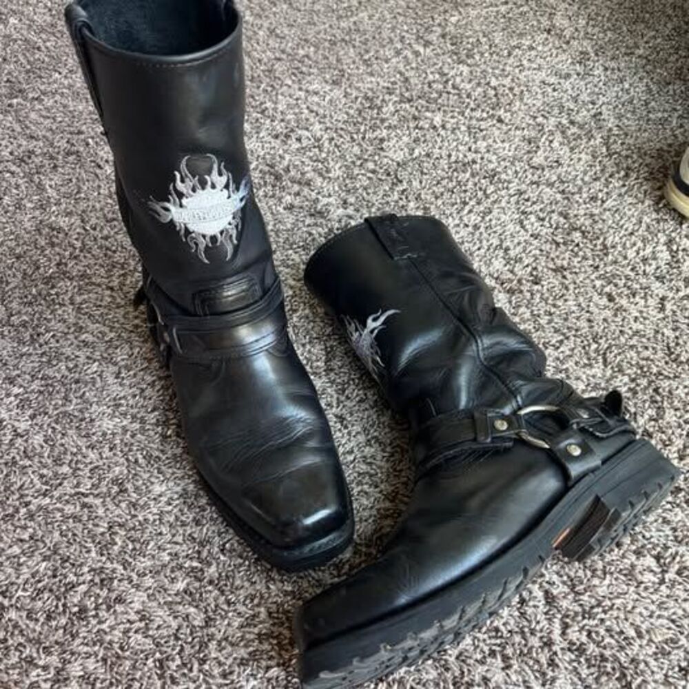 Vintage Harley Davidson 91055 Mens Leather Flame Harness Boots Size 8.5 Black